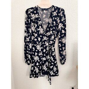 Blue Rain Navy and White Floral Mini Wrap Dress. Romantic, Vacation, Holiday. M